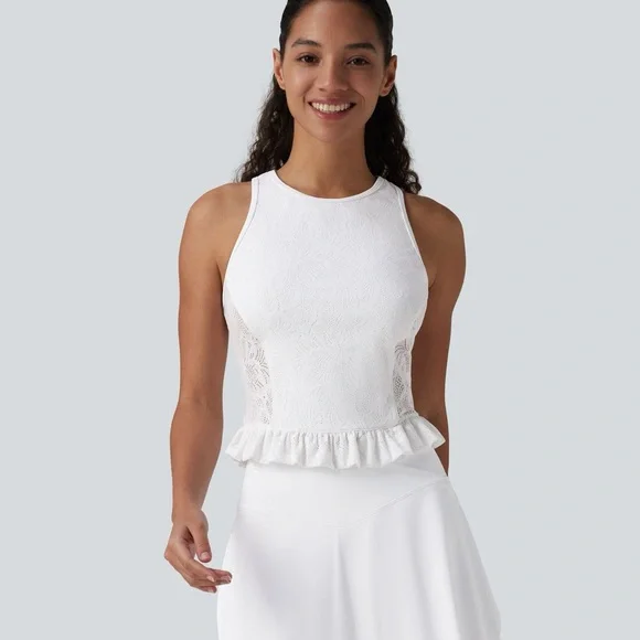 NWT HALARA Round Neck Ruffle Hem White Top - Picture 2 of 8